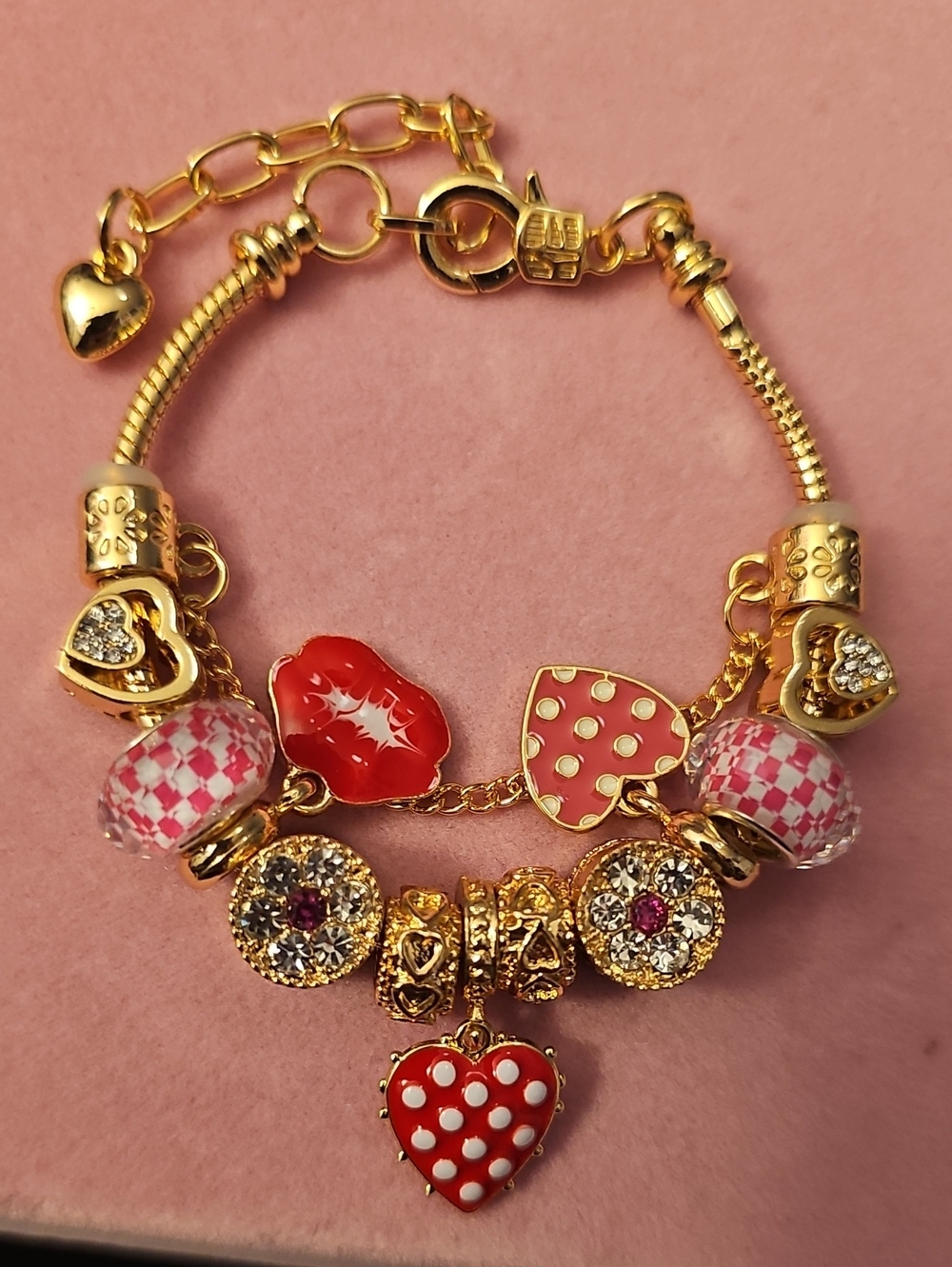 Gold-Tone Pink & Red Heart Charm Bracelet